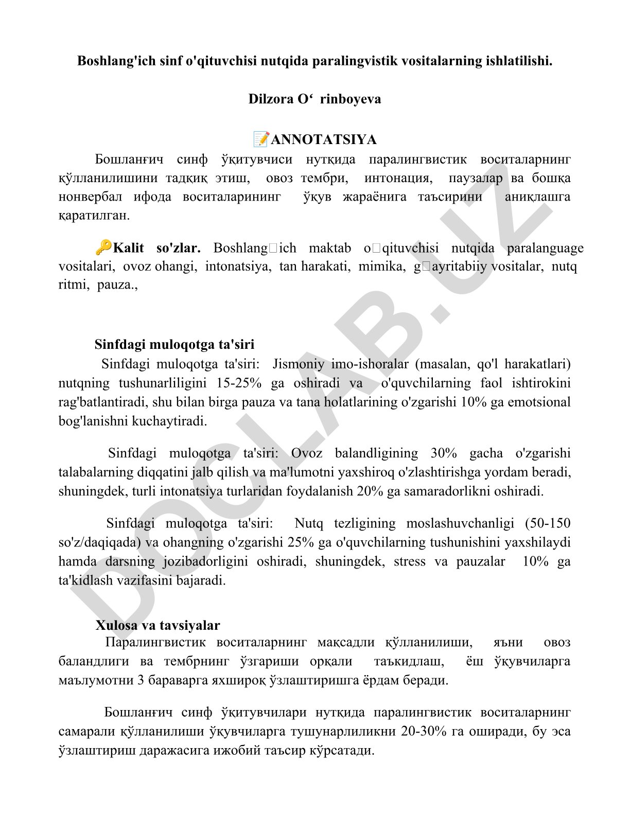 Boshlang'ich sinf o'qituvchisi nutqida paralingvistik vositalarning ishlatilishi