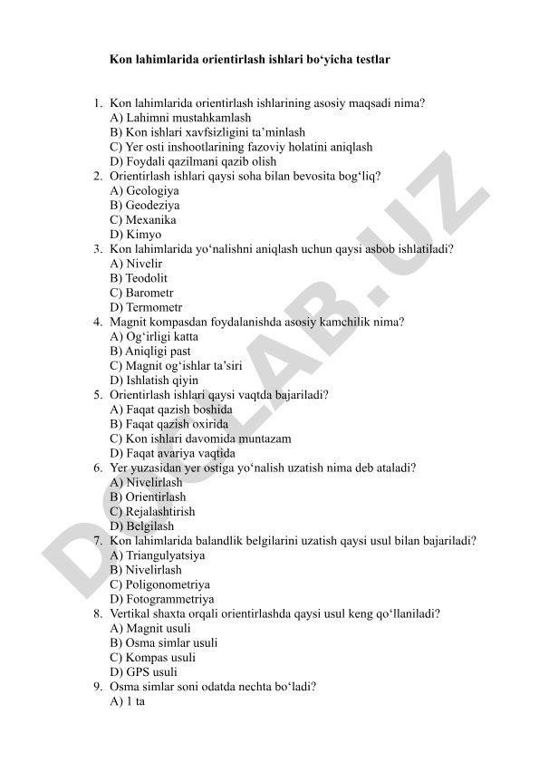 Kon lahimlarida orientirlash ishlari bo'yicha test savollari