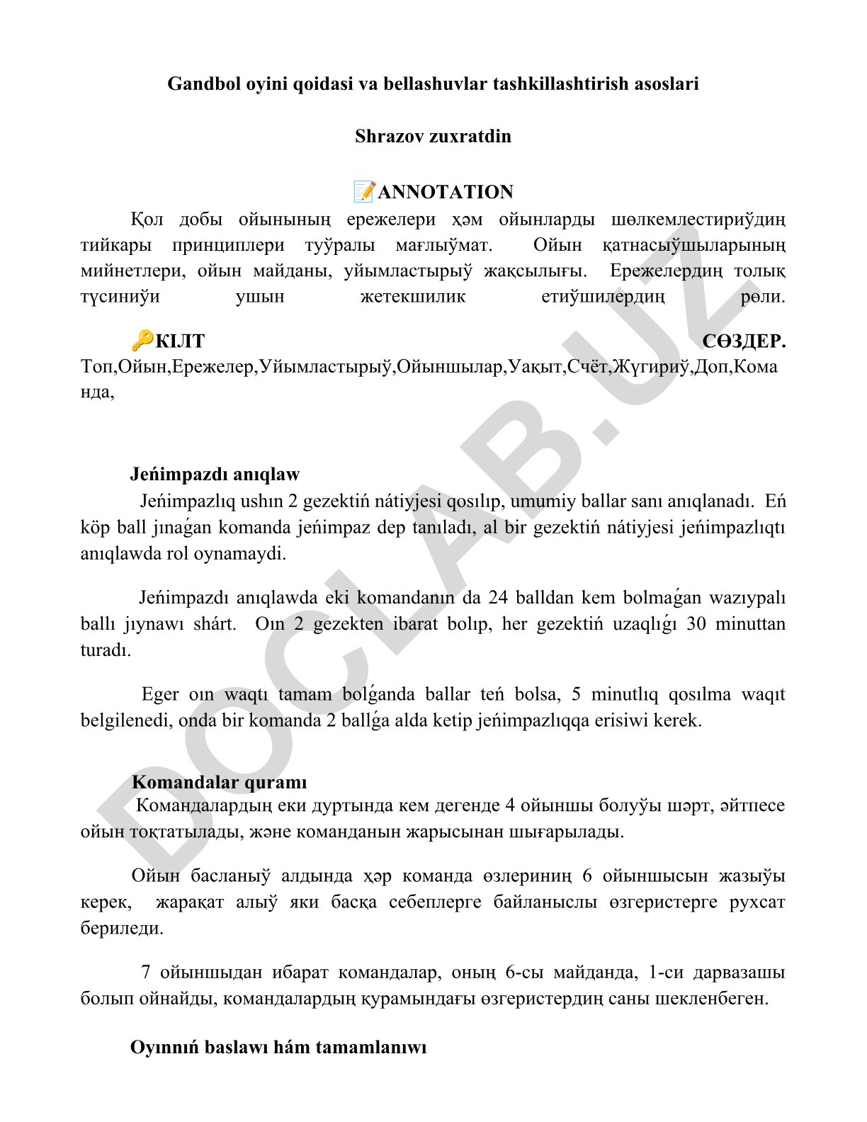 Gandbol oyini qoidasi va bellashuvlar tashkillashtirish asoslari