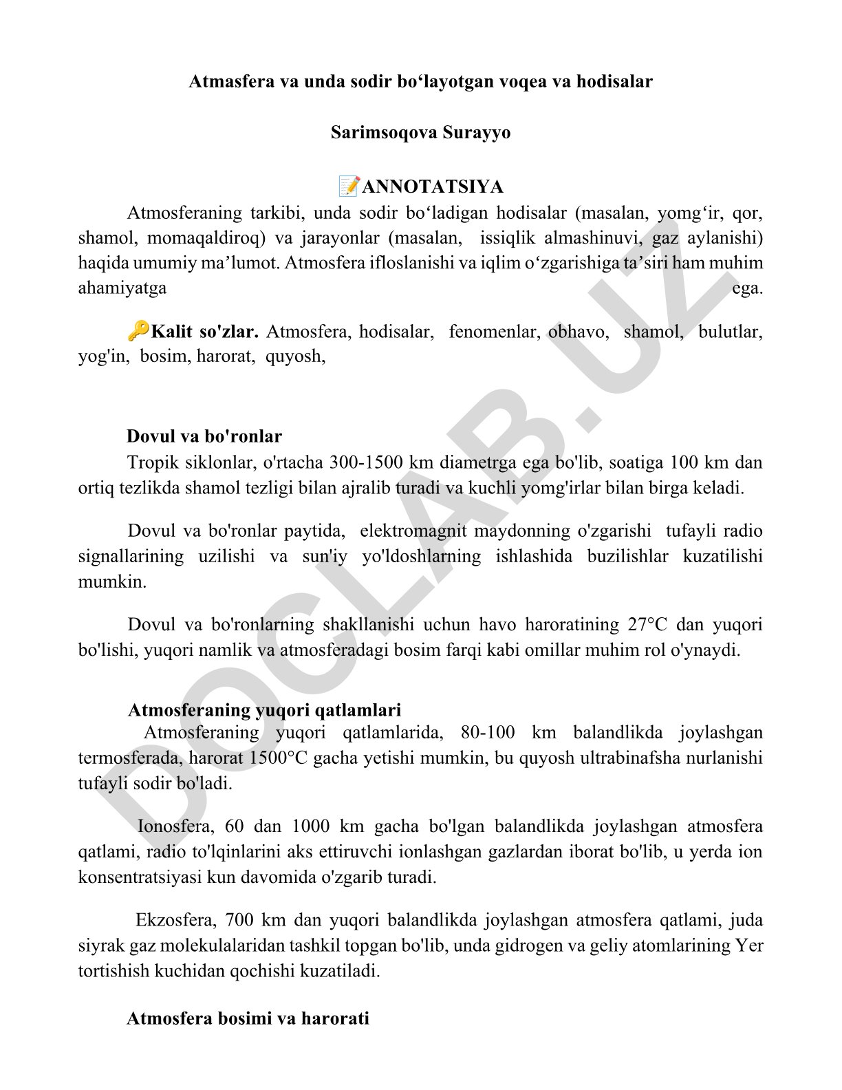 Atmosfera tarkibi, hodisalar va jarayonlar