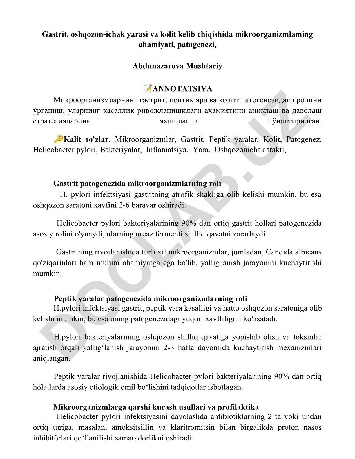 Mikroorganizmlarning gastrit, peptik yara va kolit patogenezidagi roli