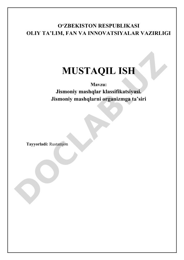 Jismoniy mashqlar klassifikatsiyasi va organizmga ta'siri