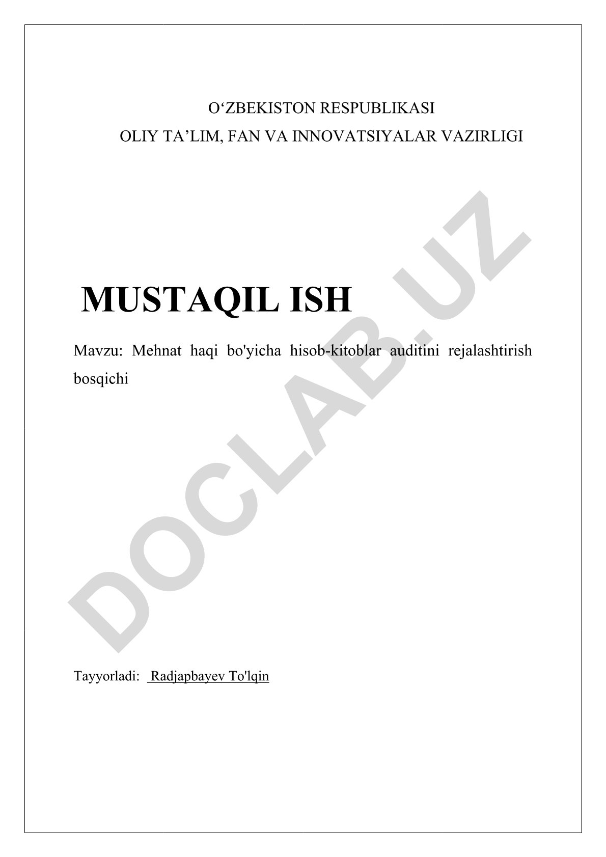 Mehnat haqi bo'yicha hisob-kitoblar auditini rejalashtirish bosqichi