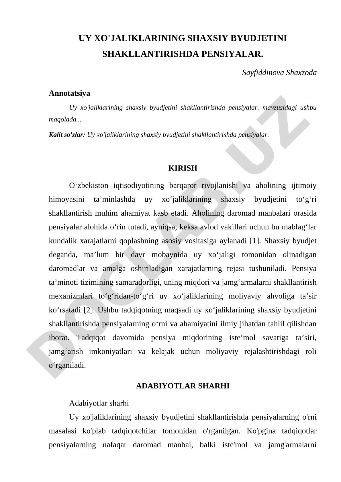 Uy xo'jaliklarining shaxsiy byudjetini shakllantirishda pensiyalar
