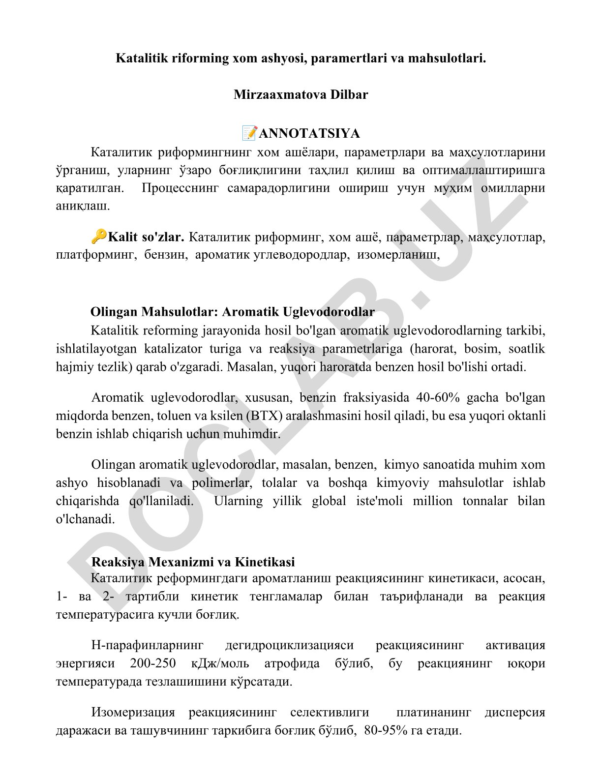 Katalitik riforming xom ashyosi, paramertlari va mahsulotlari