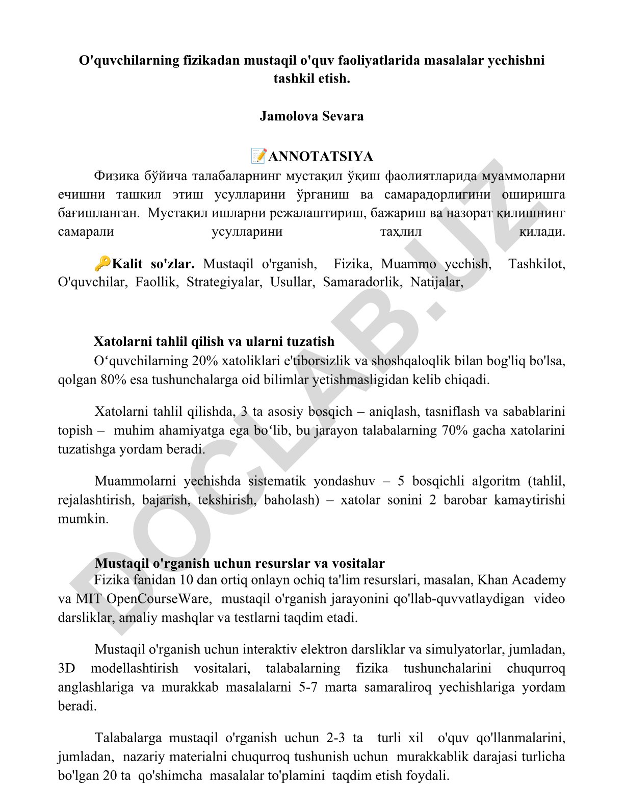 O'quvchilarning fizikadan mustaqil o'quv faoliyatlarida masalalar yechishni tashkil etish
