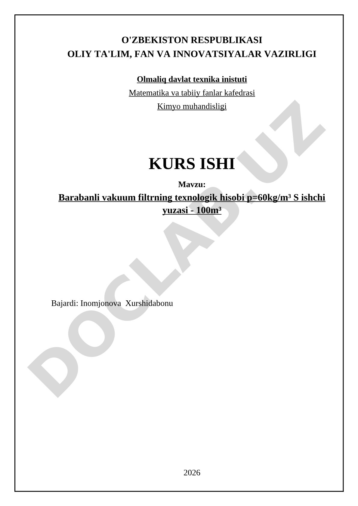 Barabanli vakuum filtrning texnologik hisobi