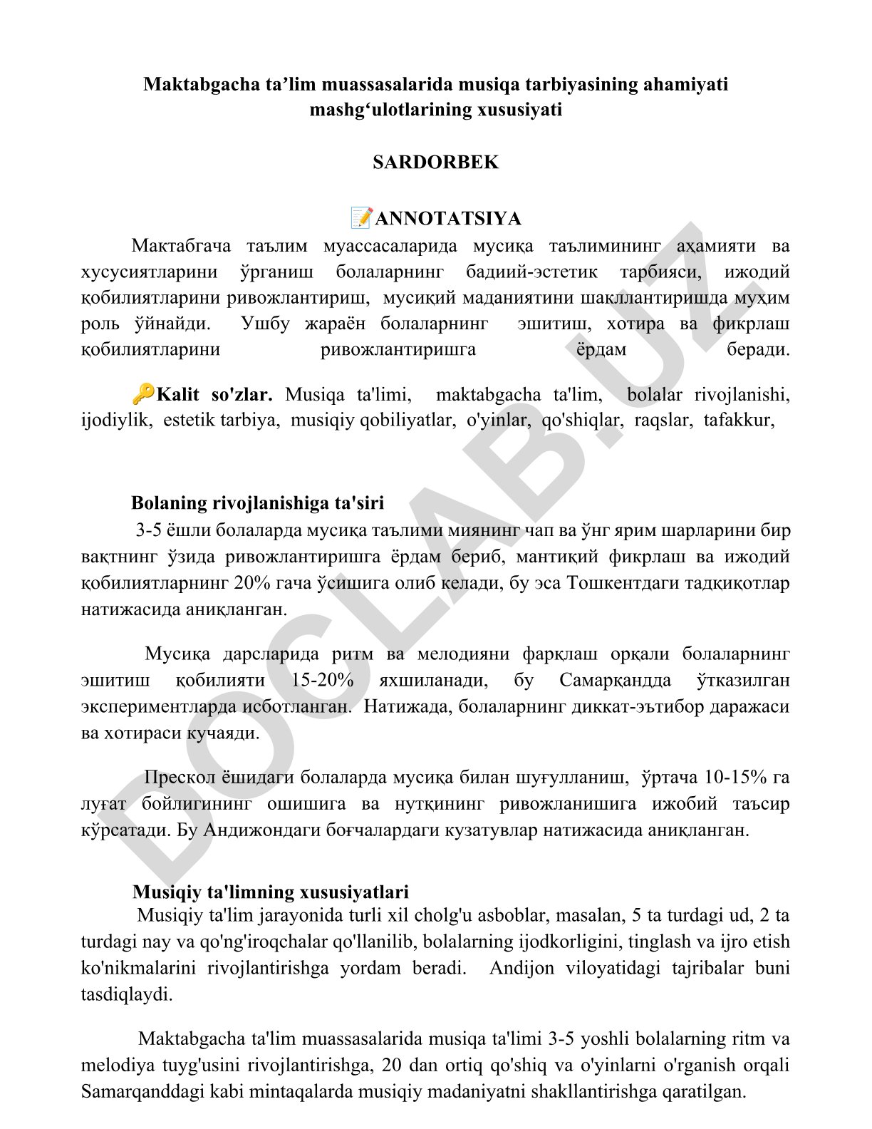 Maktabgacha taʼlim muassasalarida musiqa tarbiyasining ahamiyati va xususiyatlari