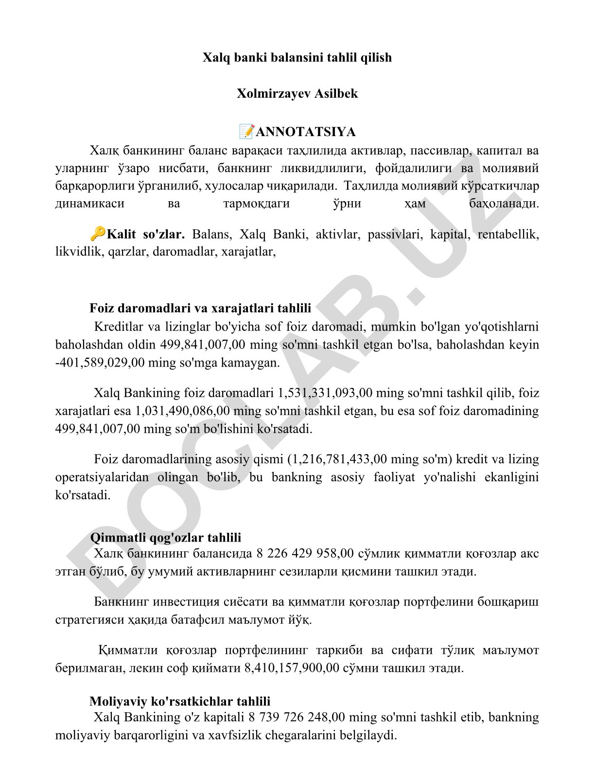 Xalq banki balansini tahlil qilish