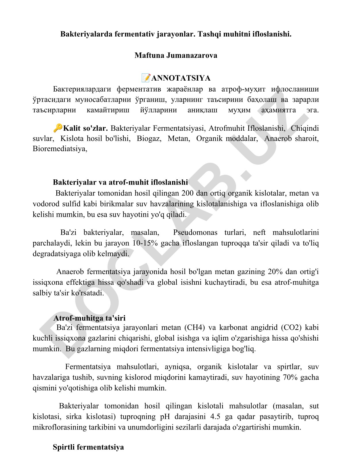 Bakteriyalarda fermentativ jarayonlar va atrof-muhit ifloslanishi