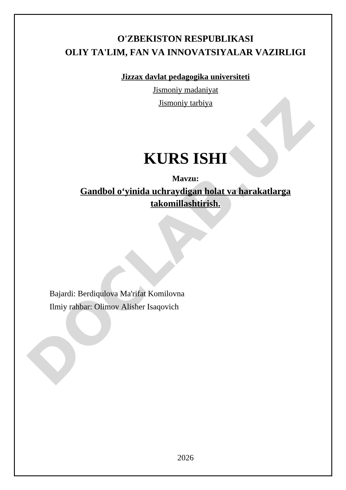 Gandbol oʻyinida uchraydigan holat va harakatlarga takomillashtirish