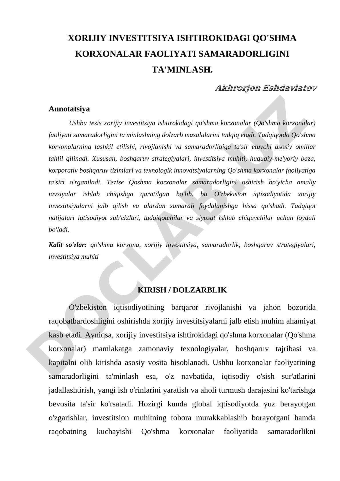 Xorijiy investitsiya ishtirokidagi qo'shma korxonalar faoliyati samaradorligini ta'minlash