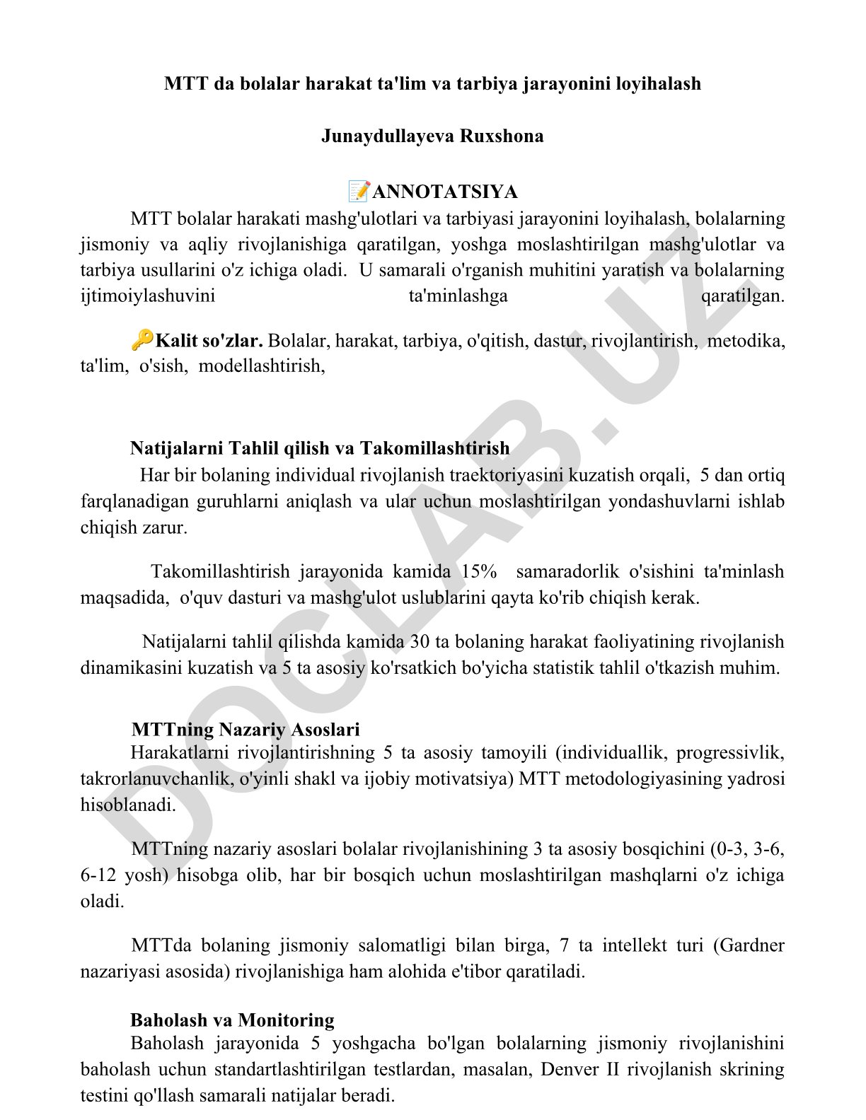 MTT da bolalar harakat ta'lim va tarbiya jarayonini loyihalash