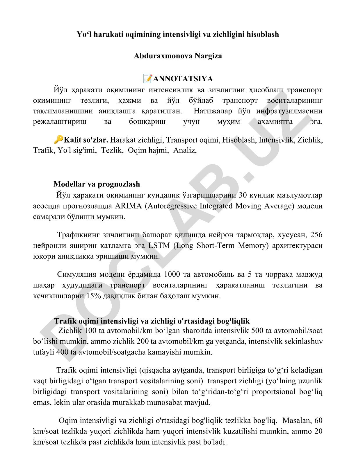 Yoʻl harakati oqimining intensivligi va zichligini hisoblash