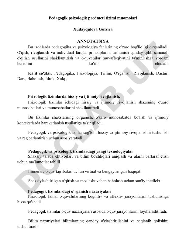 Pedagogik psixologik predmeti tizimi muomolari