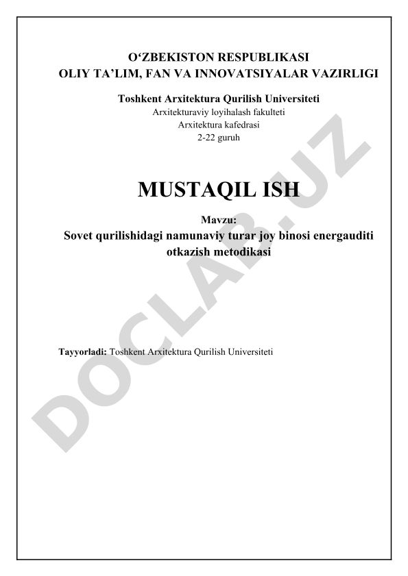Sovet qurilishidagi namunaviy turar joy binosi energauditi otkazish metodikasi