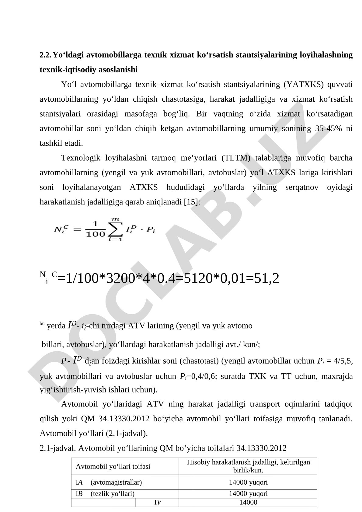 Yo‘ldagi avtomobillarga texnik xizmat ko‘rsatish stantsiyalarining loyihalashning texnik-iqtisodiy asoslanishi