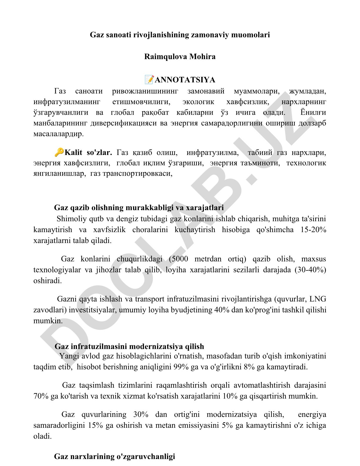 Gaz sanoati rivojlanishining zamonaviy muomolari