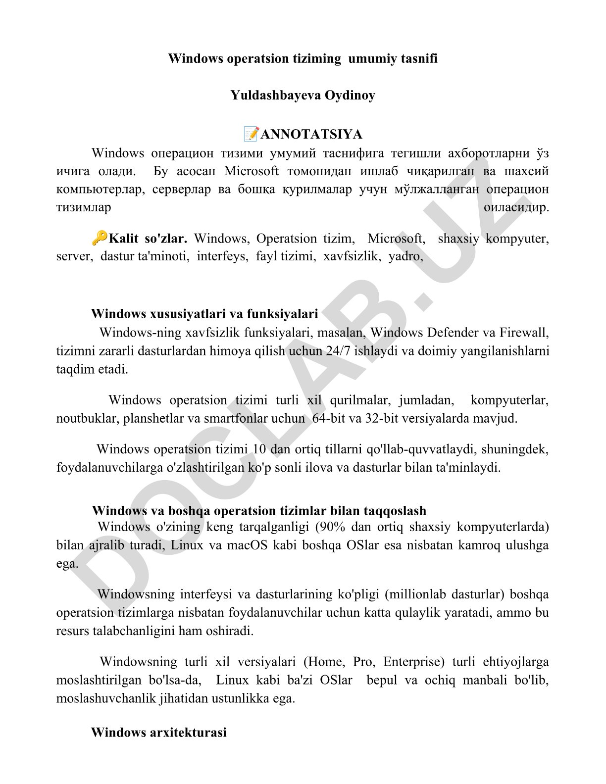 Windows operatsion tizimining umumiy tasnifi