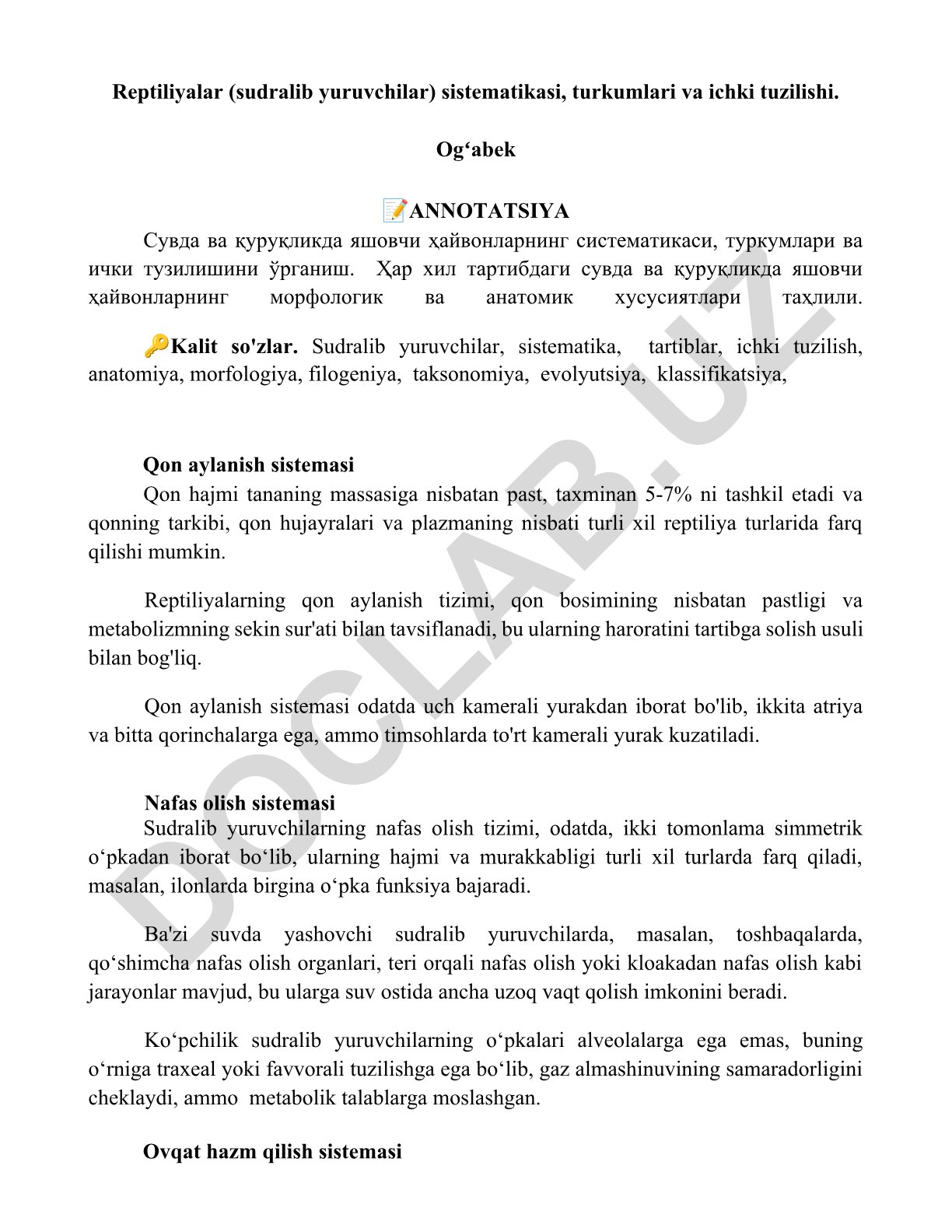 Reptiliyalar sistematikasi, turkumlari va ichki tuzilishi