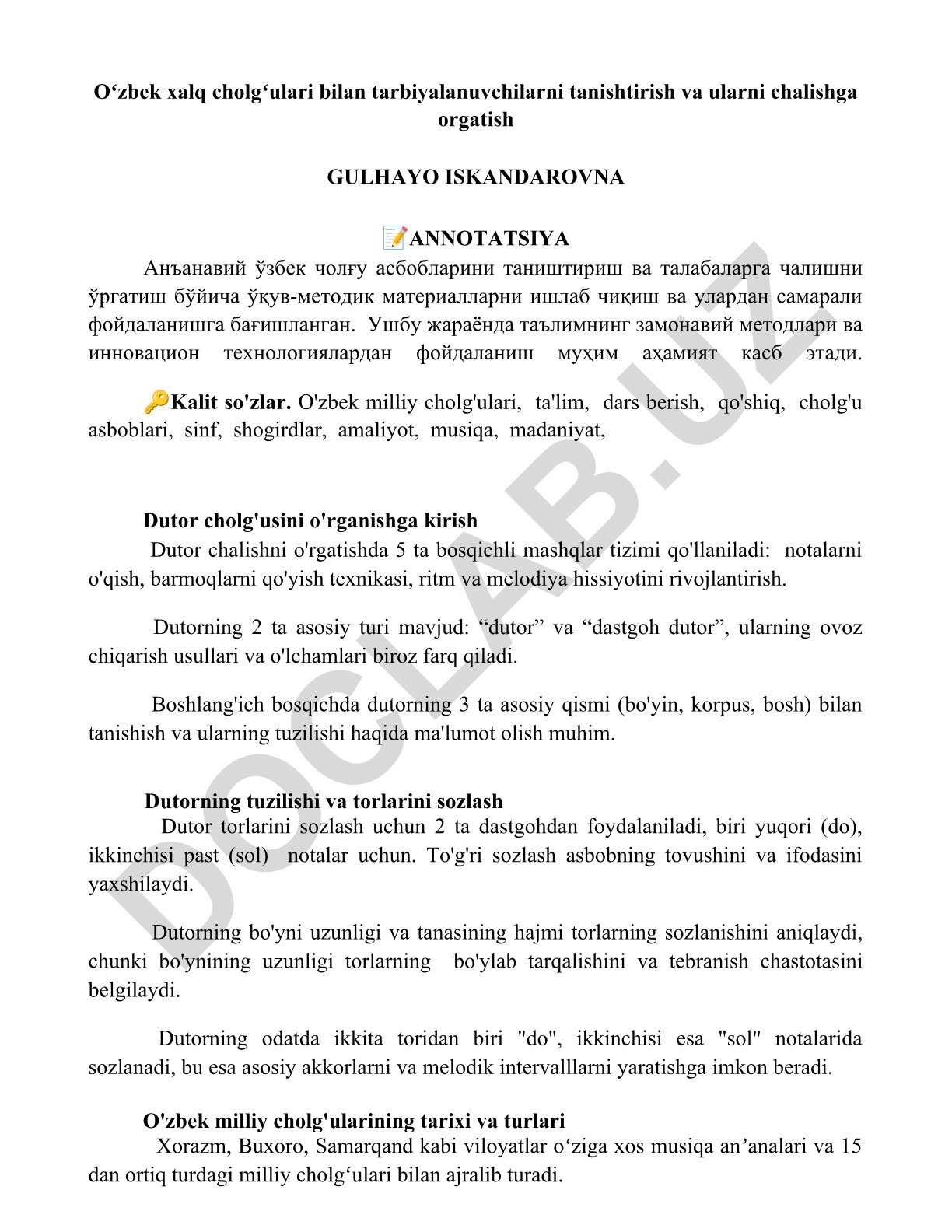 O'zbek xalq cholg'ulari bilan tarbiyalanuvchilarni tanishtirish va ularni chalishga o'rgatish