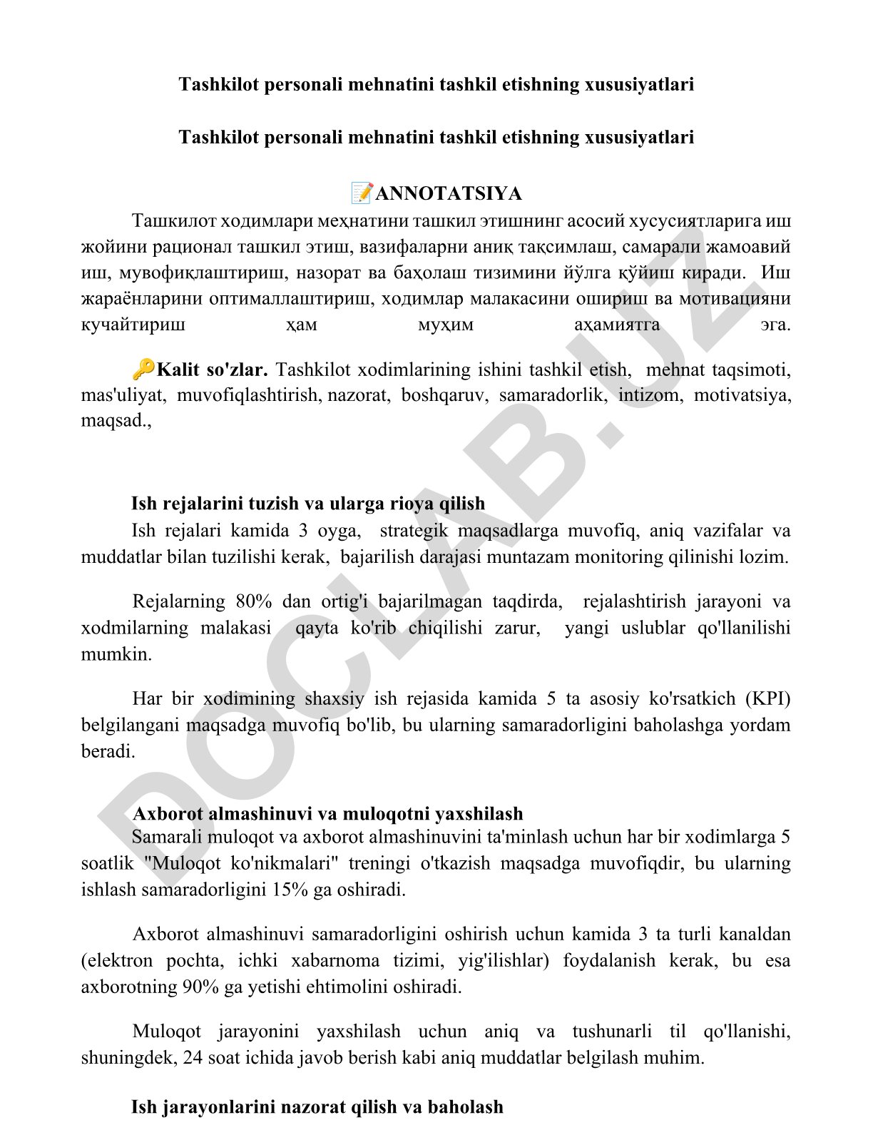 Tashkilot personali mehnatini tashkil etishning xususiyatlari