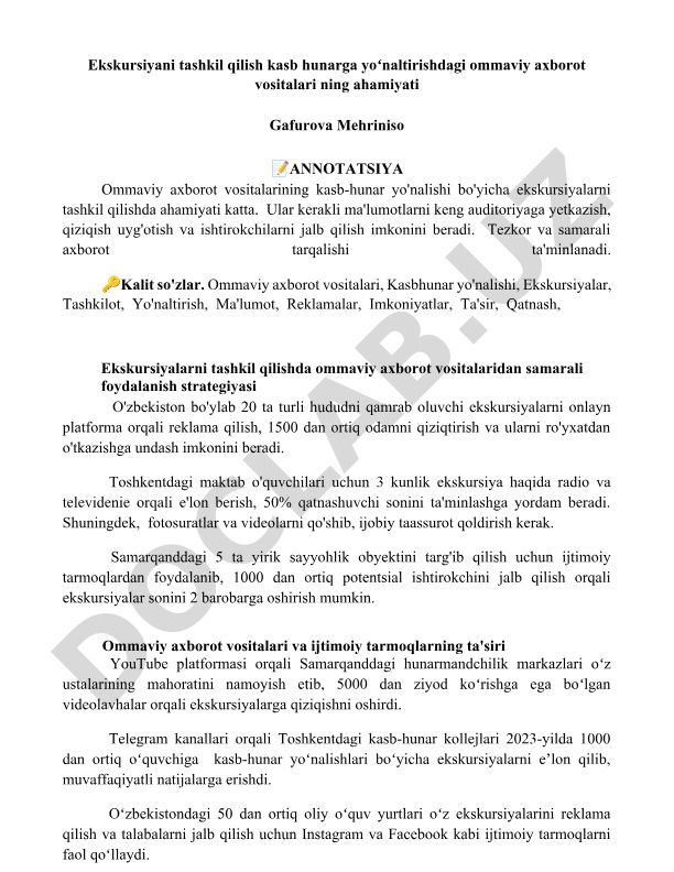 Ekskursiyani tashkil qilishda ommaviy axborot vositalarining ahamiyati