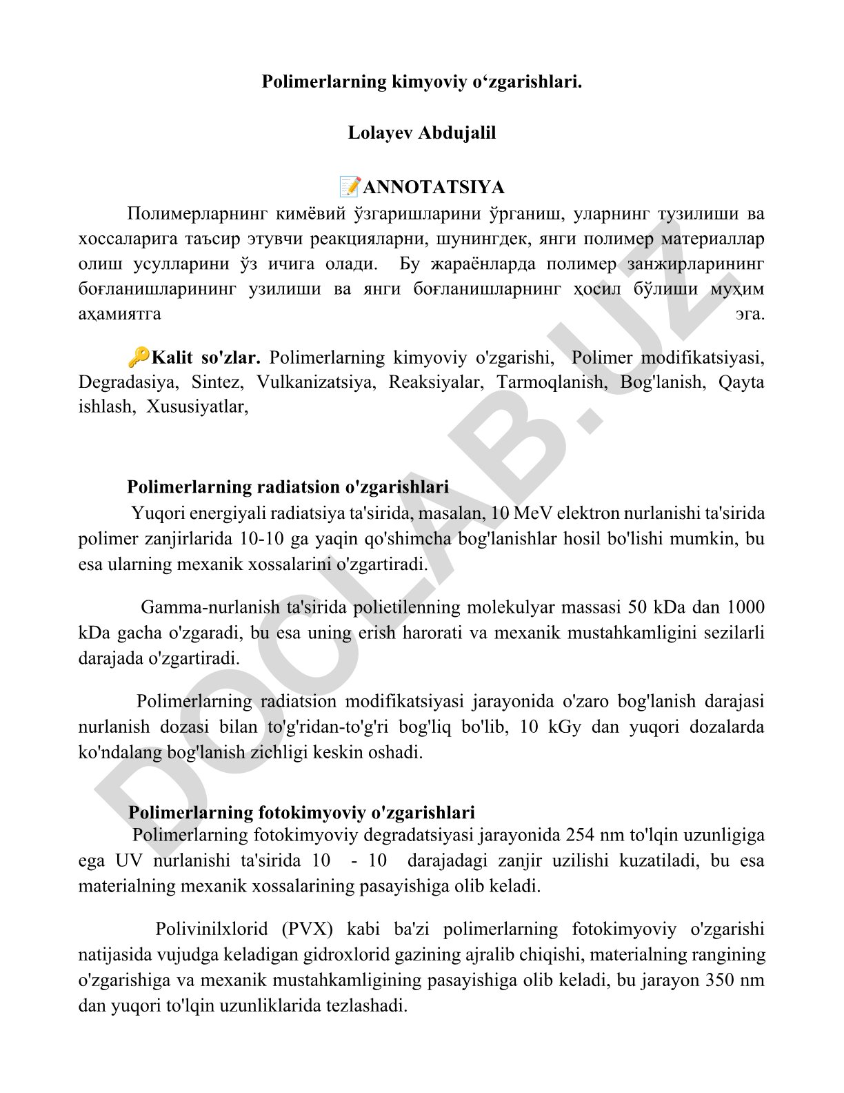 Polimerlarning kimyoviy o'zgarishlari