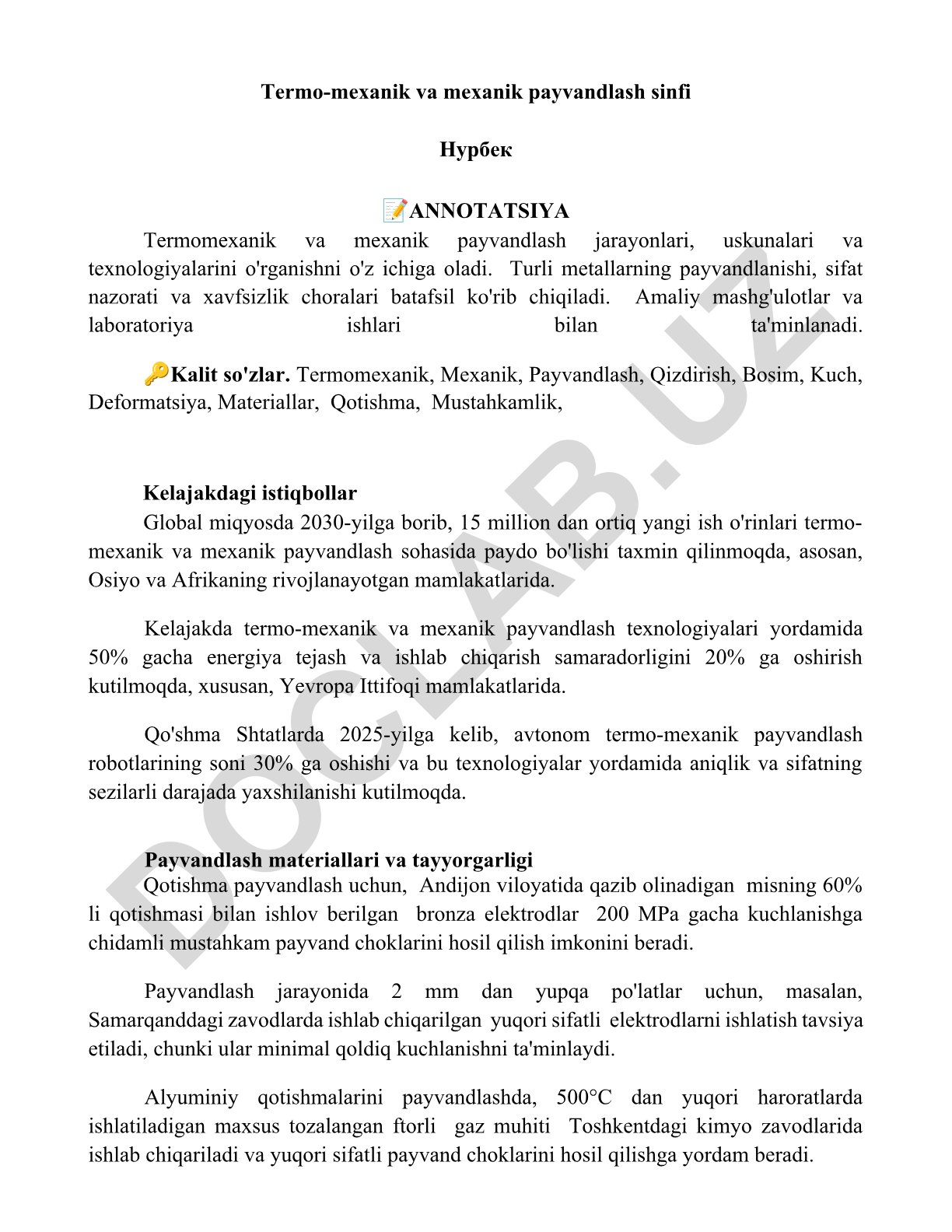 Termomexanik va mexanik payvandlash jarayonlari va texnologiyalari