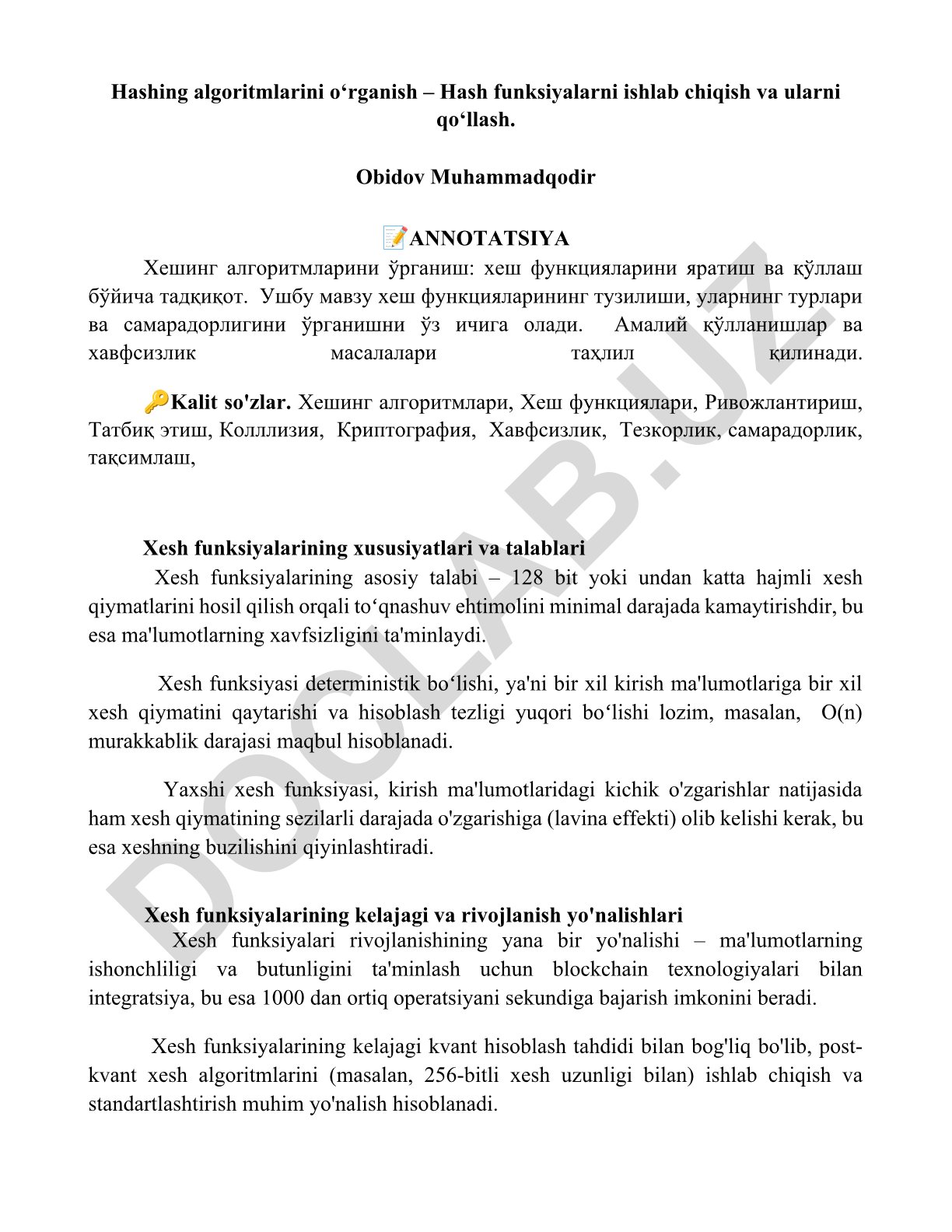 Hashing algoritmlarini o‘rganish – Hash funksiyalarni ishlab chiqish va ularni qo‘llash