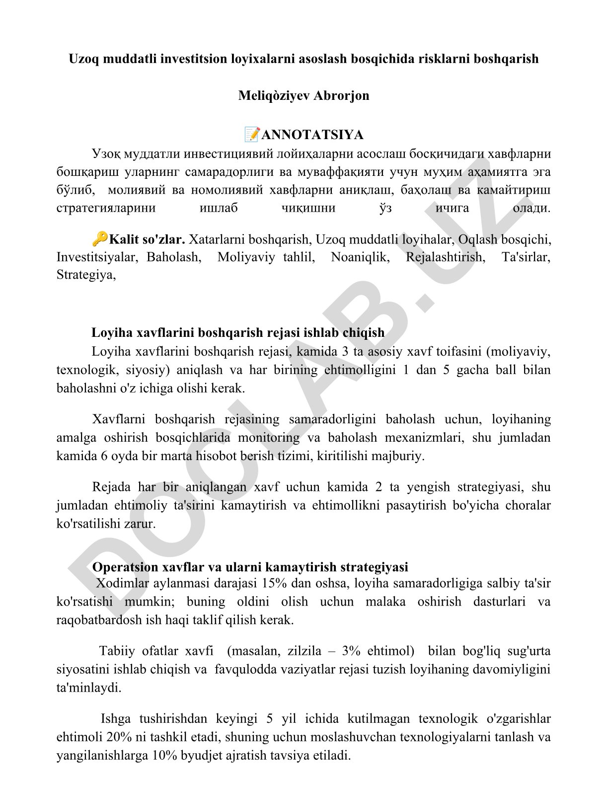 Uzoq muddatli investitsion loyihalarni asoslash bosqichida risklarni boshqarish