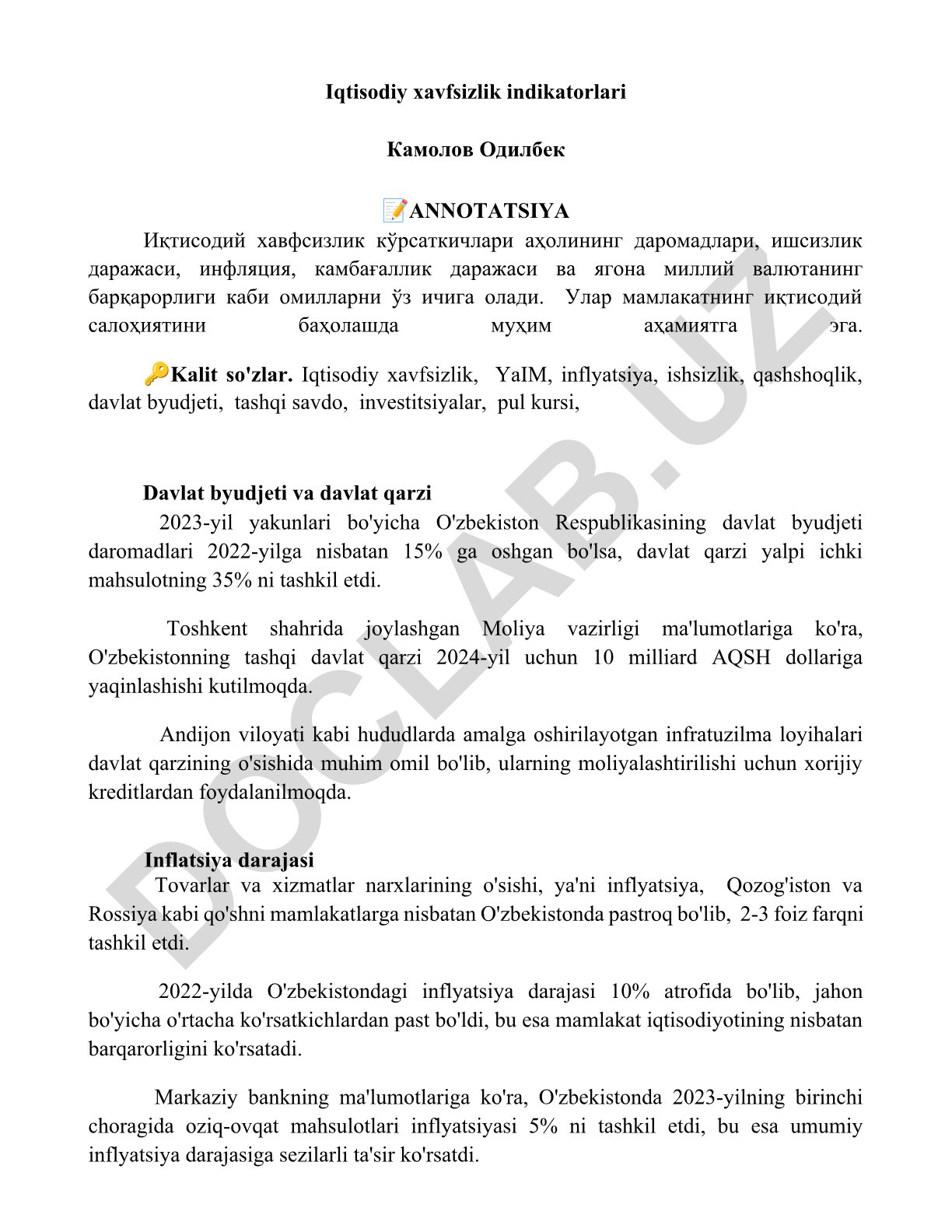 Iqtisodiy xavfsizlik indikatorlari