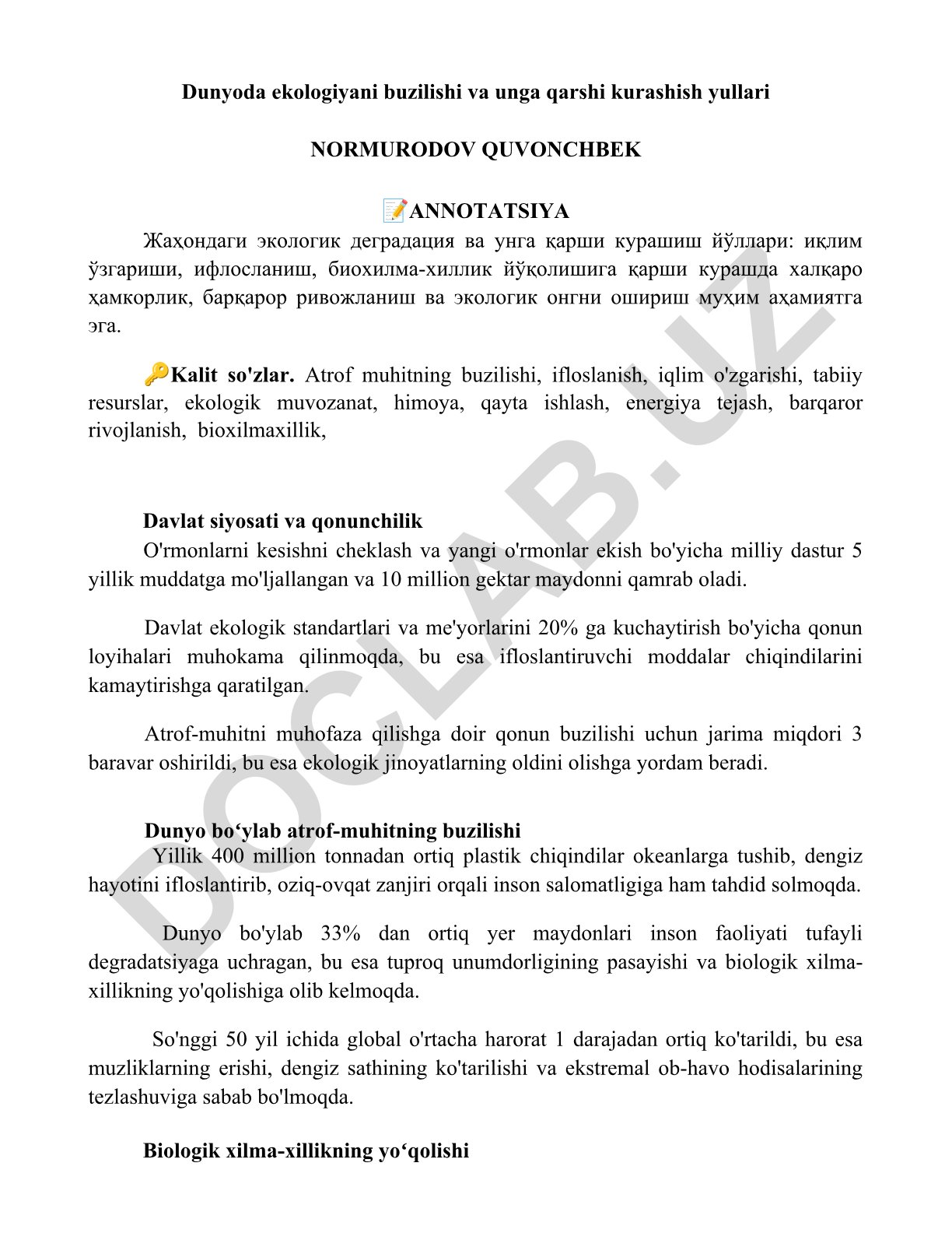 Dunyoda ekologiyani buzilishi va unga qarshi kurashish yullari