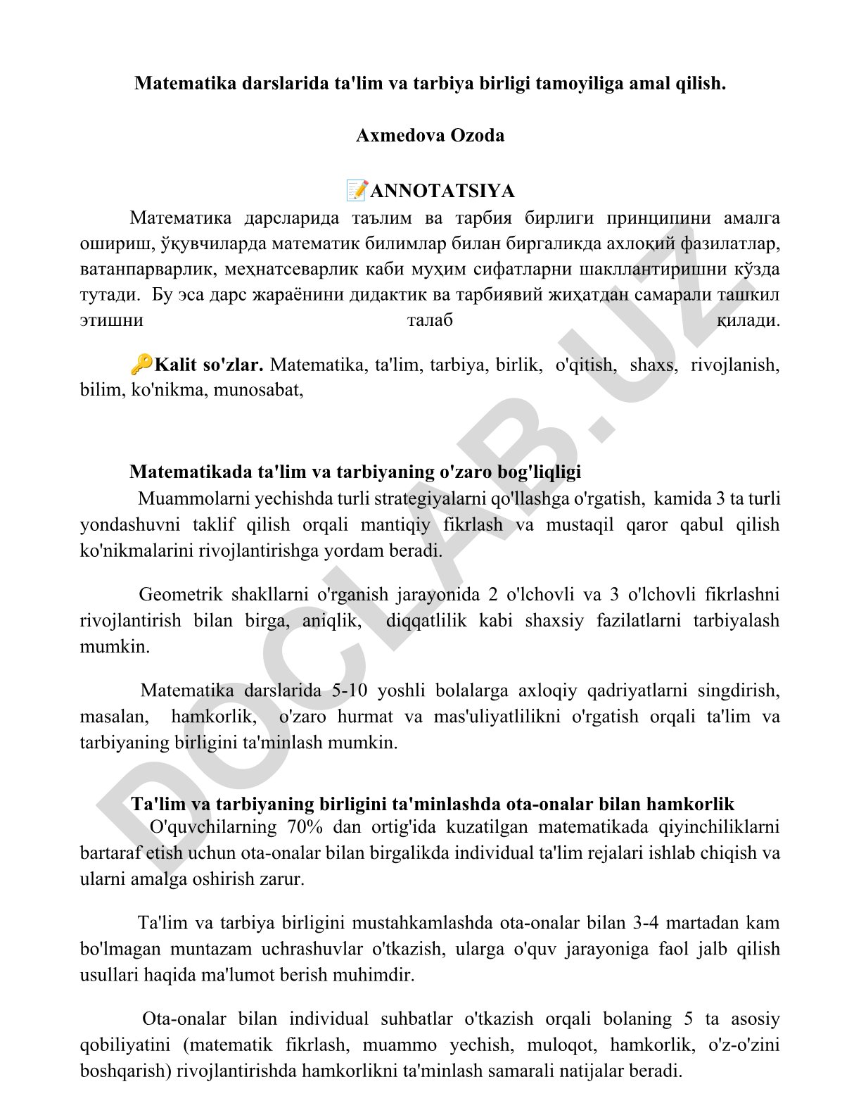 Matematika darslarida ta'lim va tarbiya birligi tamoyiliga amal qilish