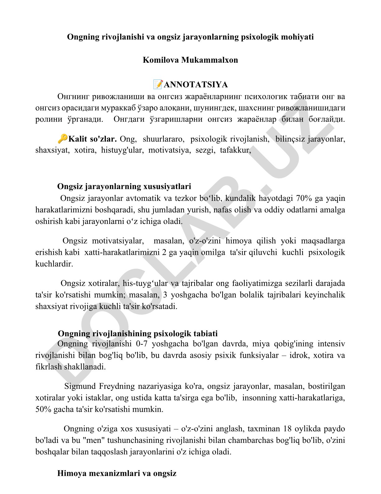 Ongning rivojlanishi va ongsiz jarayonlarning psixologik mohiyati