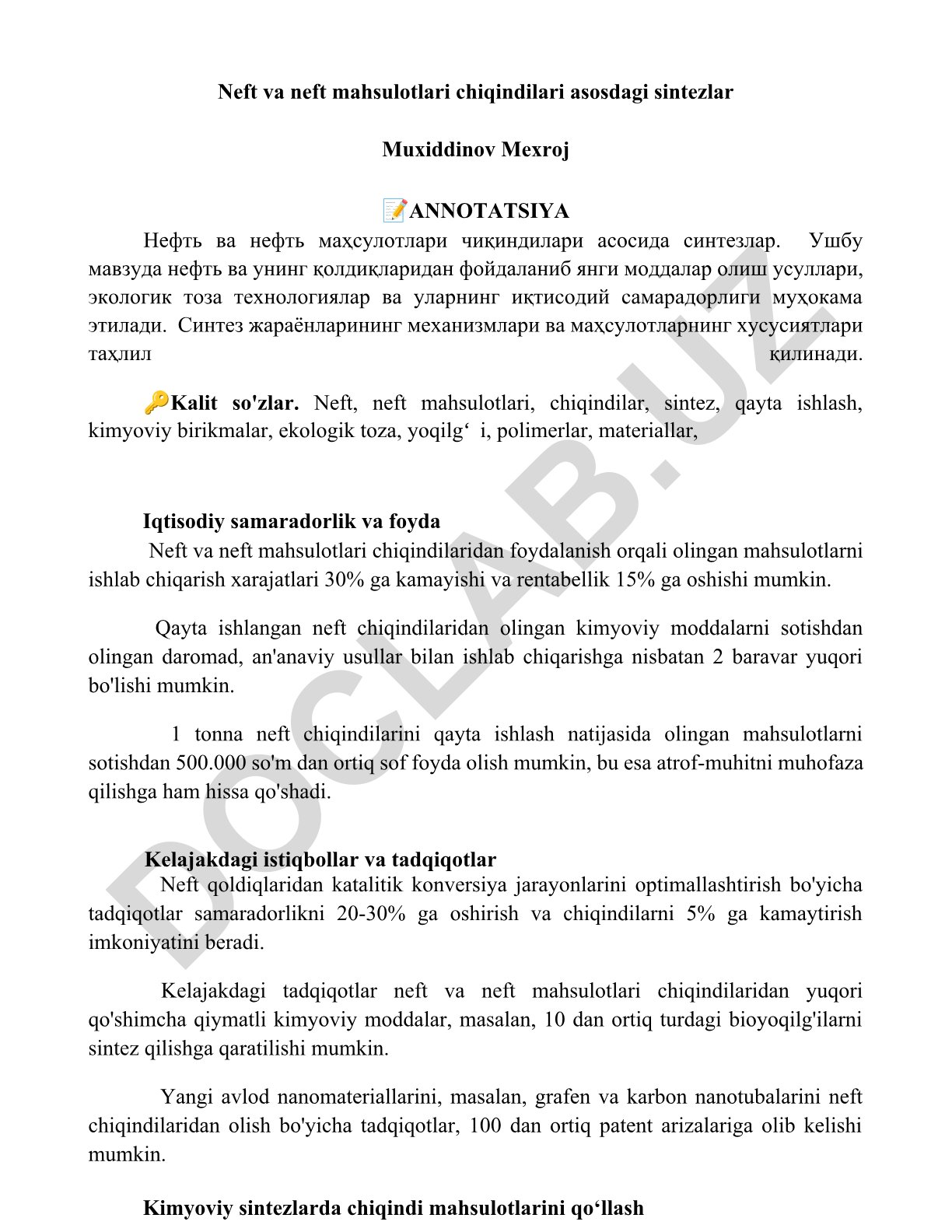 Neft va neft mahsulotlari chiqindilari asosidagi sintezlar