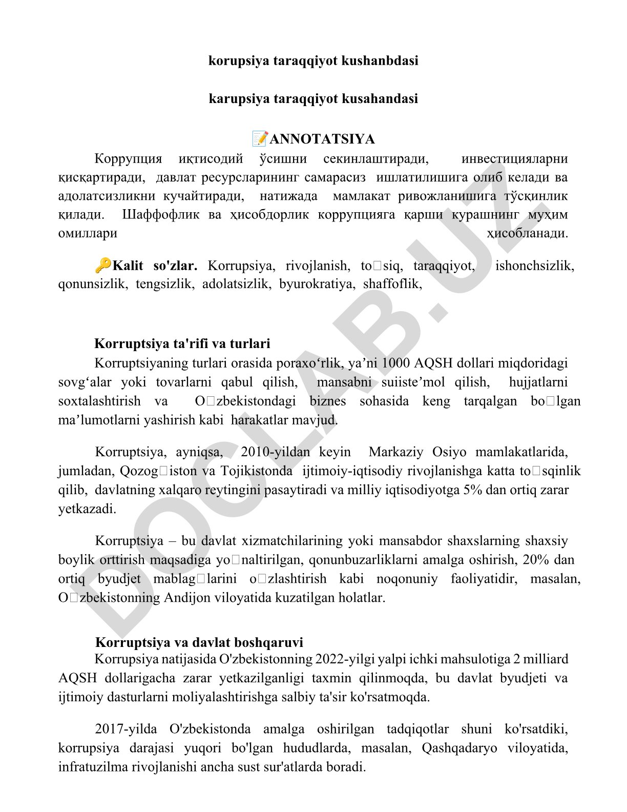Korrupsiyaning iqtisodiy rivojlanishga ta'siri va unga qarshi kurash
