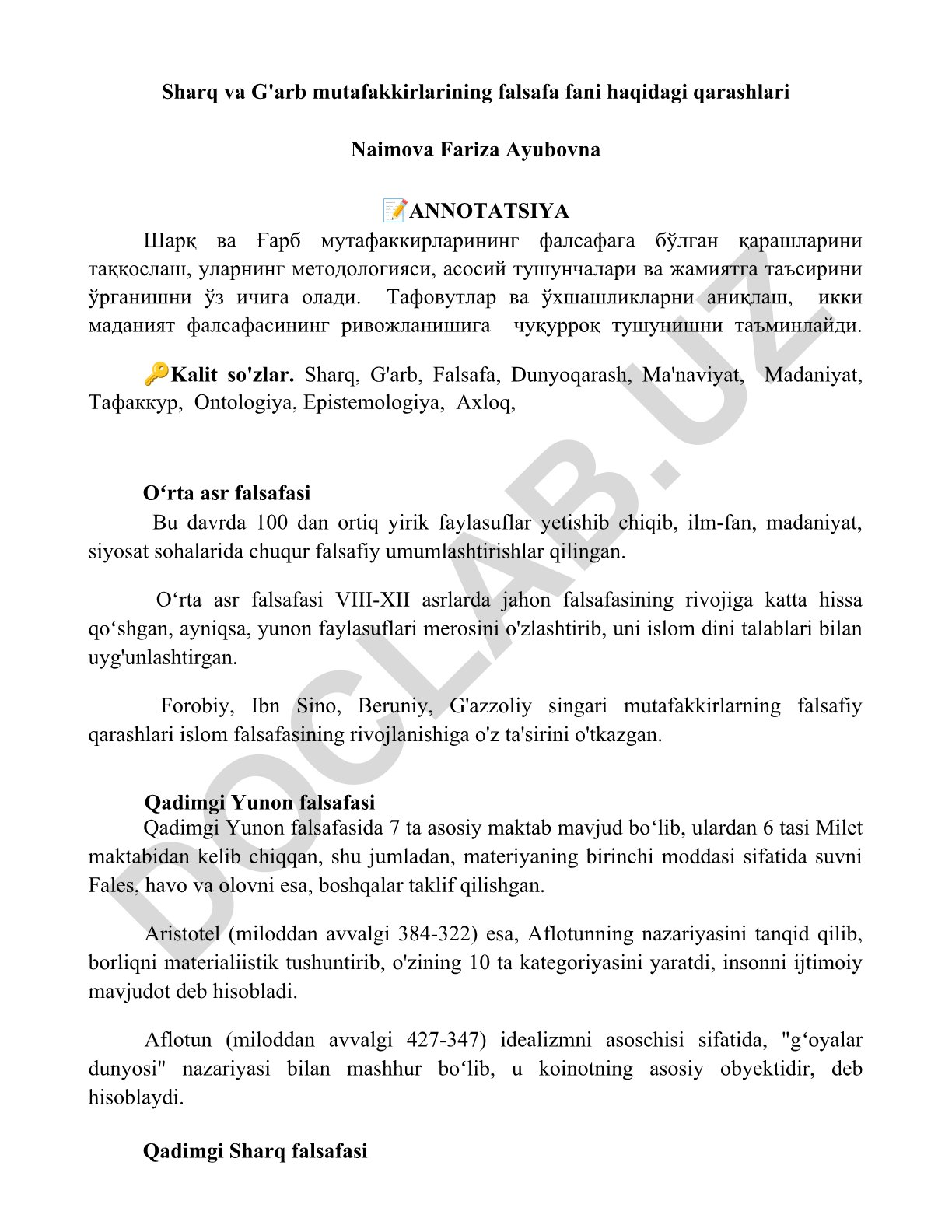 Sharq va G'arb mutafakkirlarining falsafa fani haqidagi qarashlari