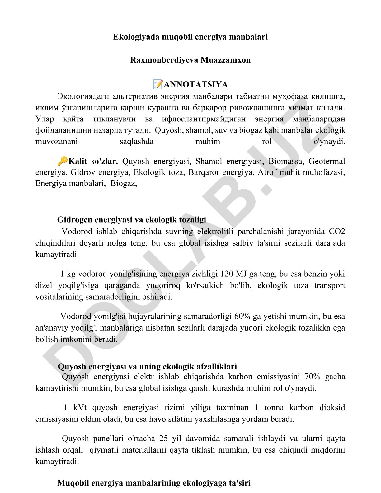 Ekologiyada muqobil energiya manbalari