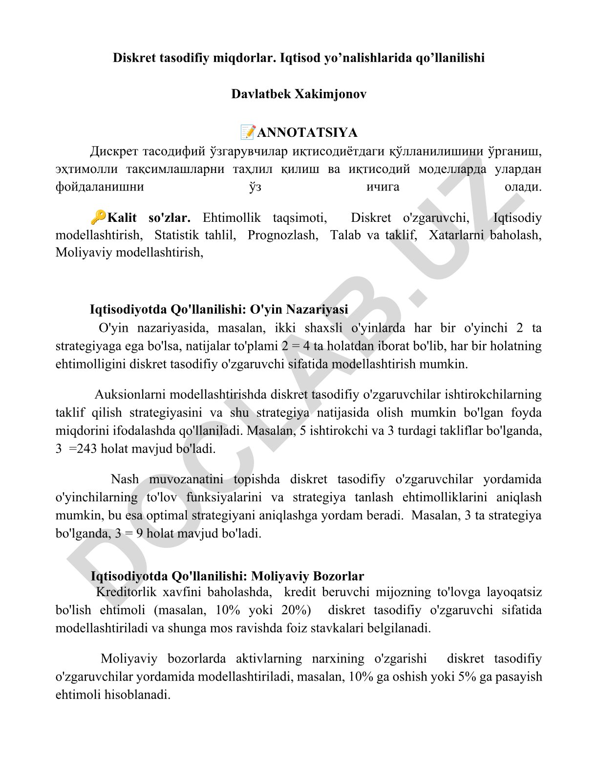 Diskret tasodifiy miqdorlar va iqtisodiyotda qo'llanilishi
