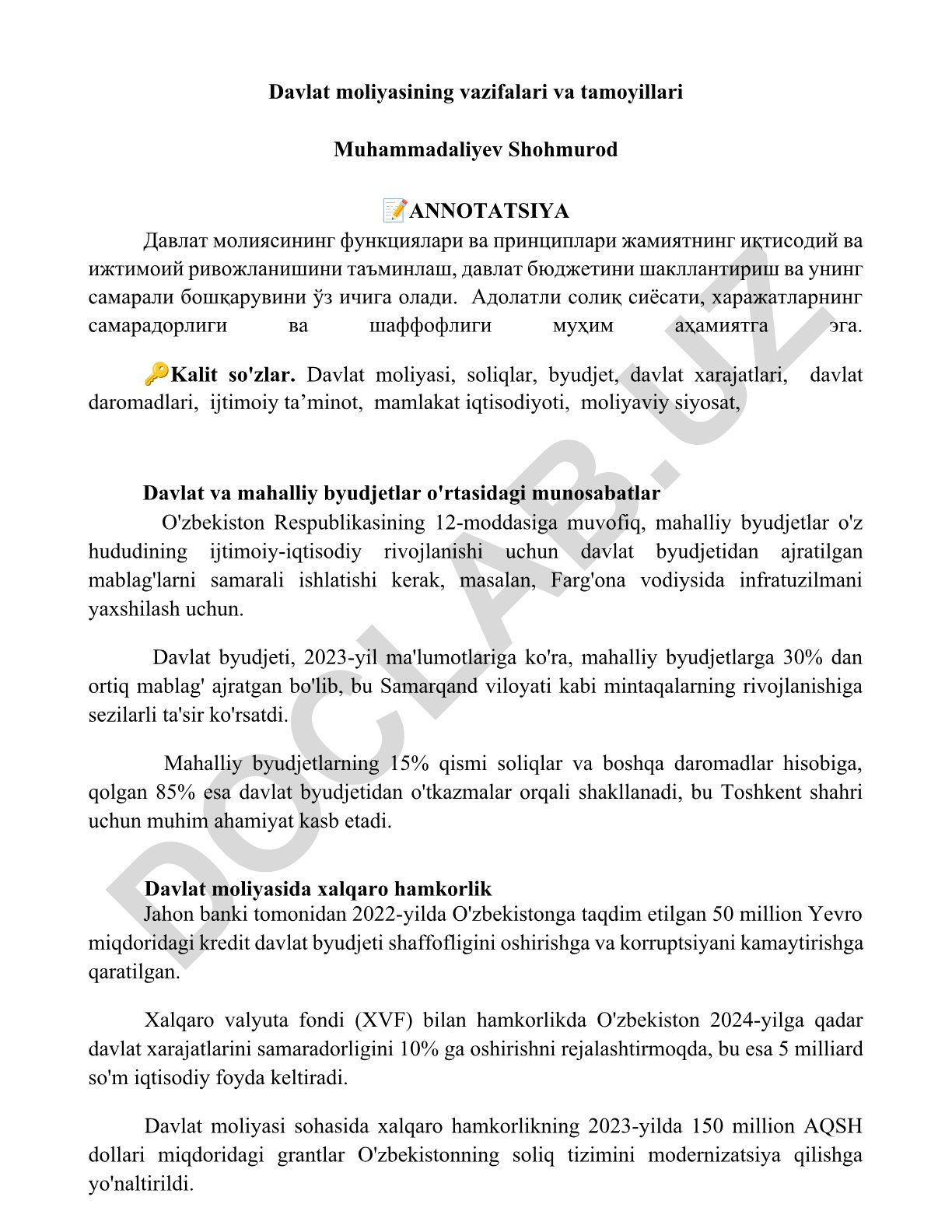 Davlat moliyasining vazifalari va tamoyillari