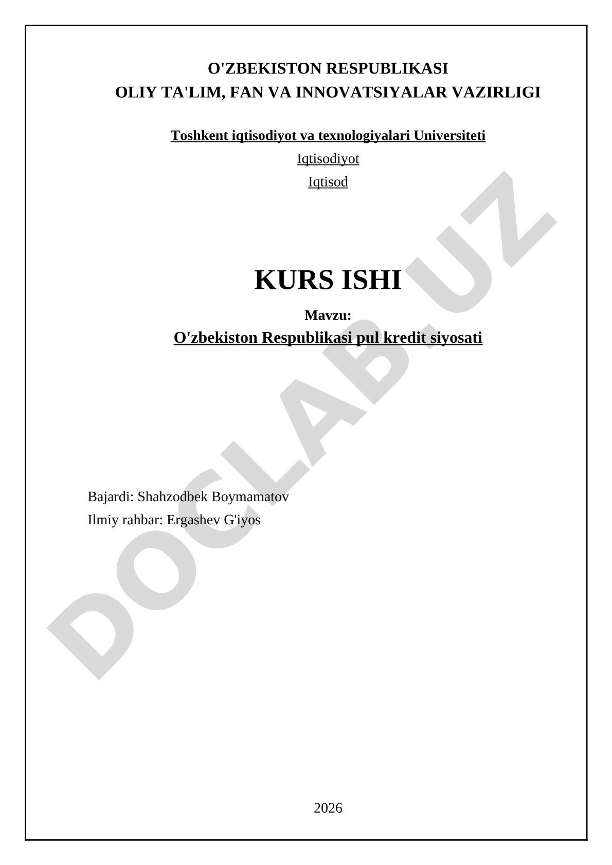 O'zbekiston Respublikasi pul kredit siyosati