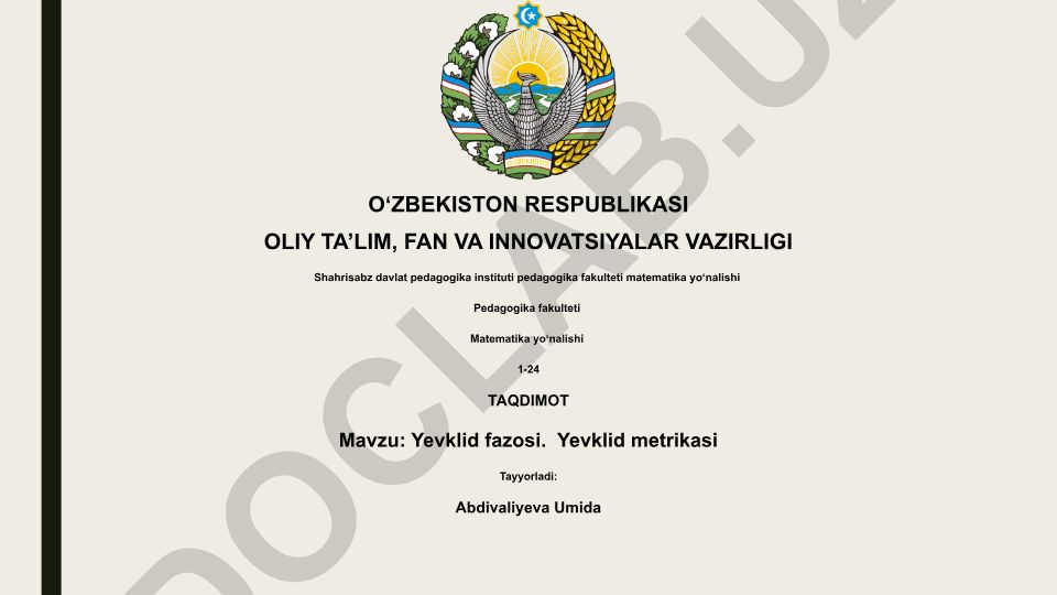 Yevklid fazosi. Yevklid metrikasi
