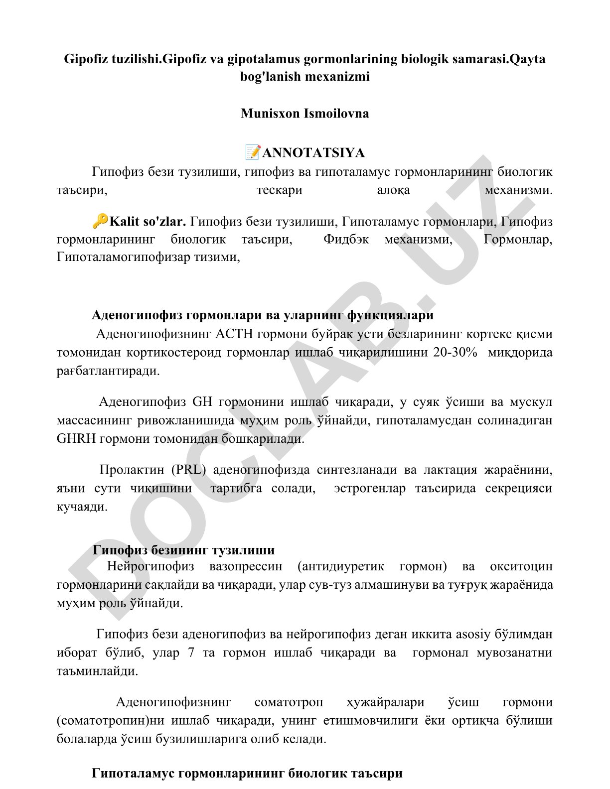 Gipofiz tuzilishi va gormonlarning biologik samarasi