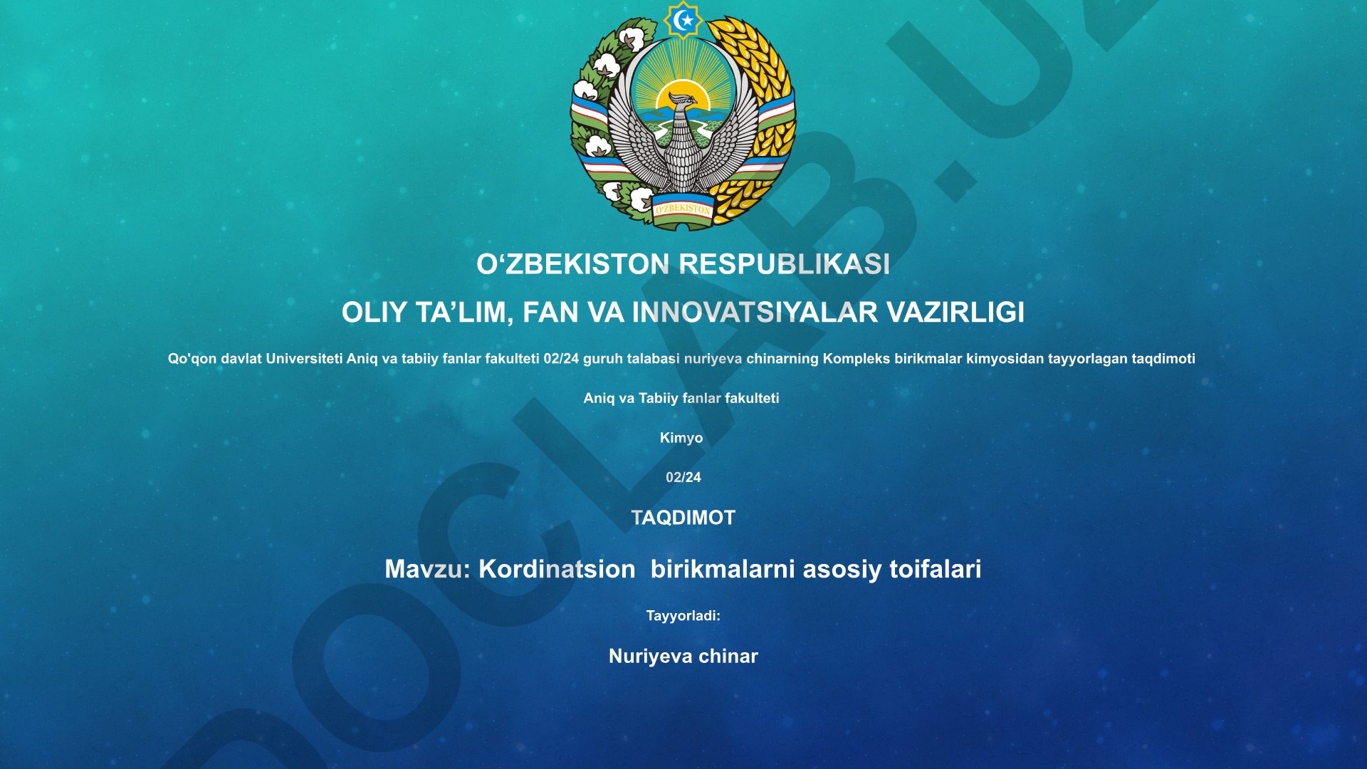 Koordinatsion birikmalarni asosiy toifalari