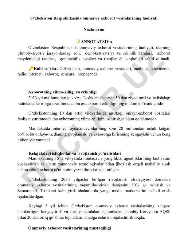 O'zbekiston Respublikasida ommaviy axborot vositalarining faoliyati
