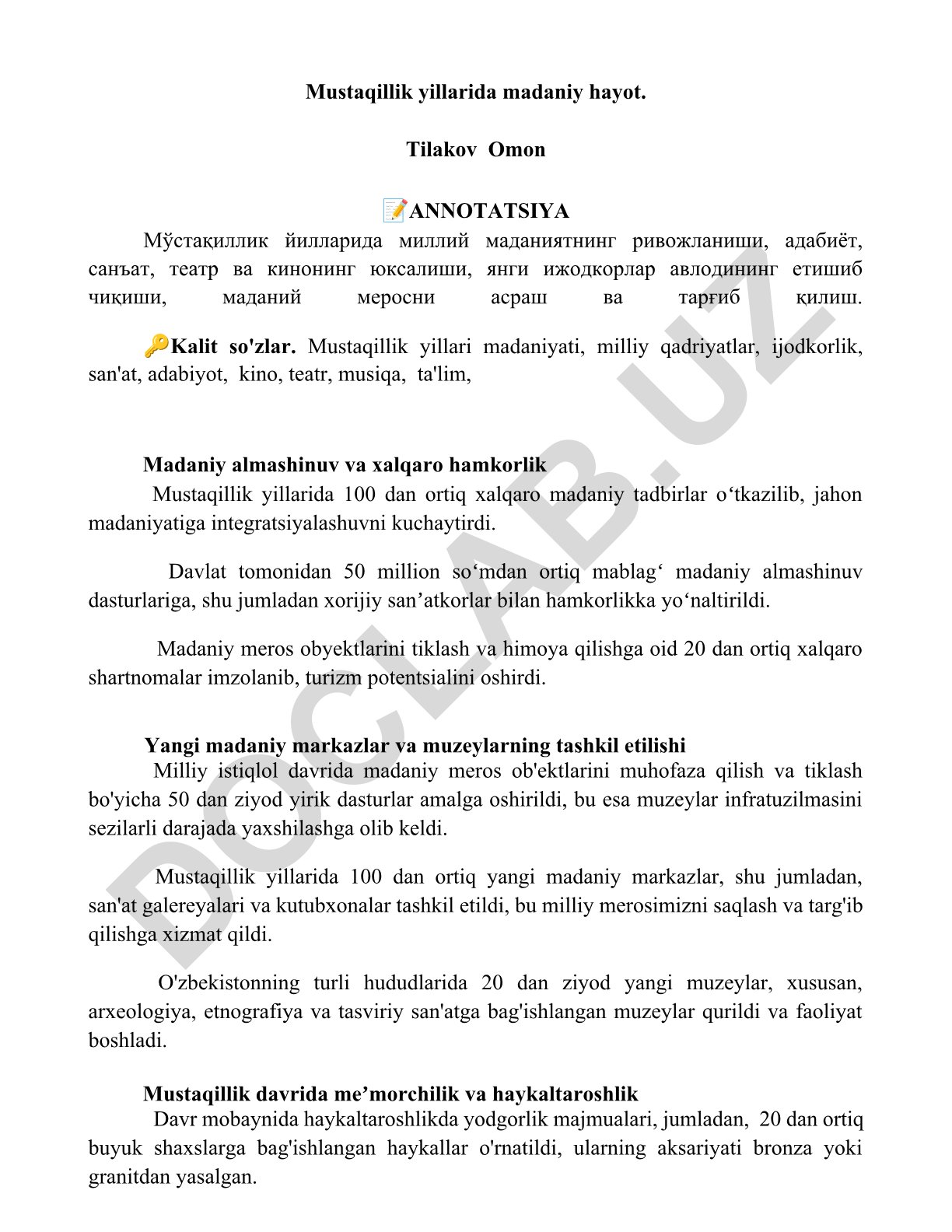 Mustaqillik yillarida madaniy hayot