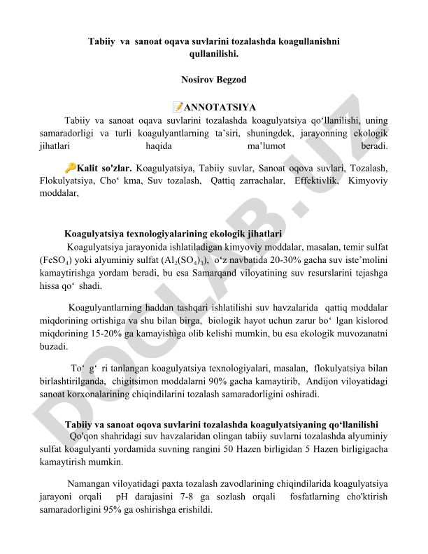 Tabiiy va sanoat oqava suvlarini tozalashda koagullanishni qullanilishi
