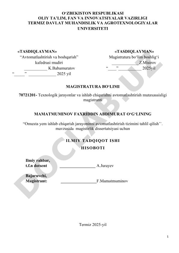 Omuxta yem ishlab chiqarish jarayonini avtomatlashtirish tizimini tahlil qilish