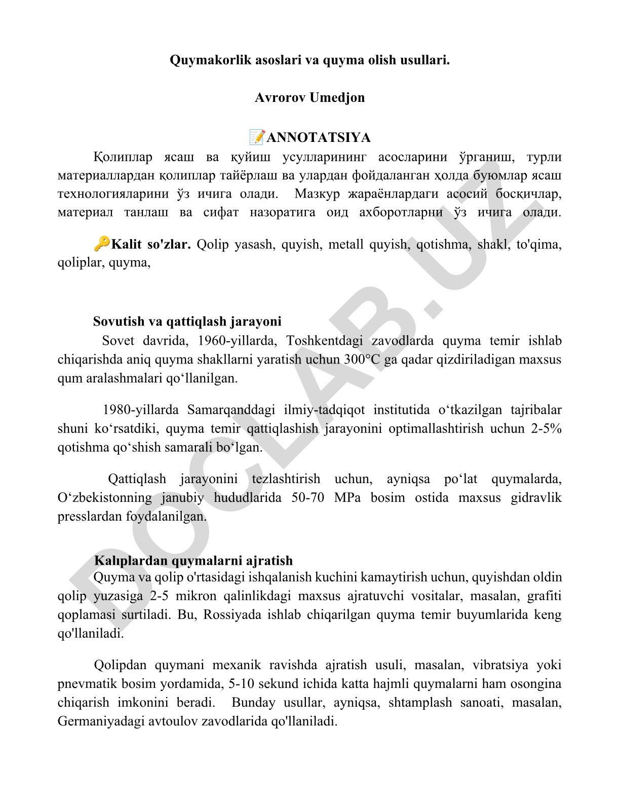 Quymakorlik asoslari va quyma olish usullari